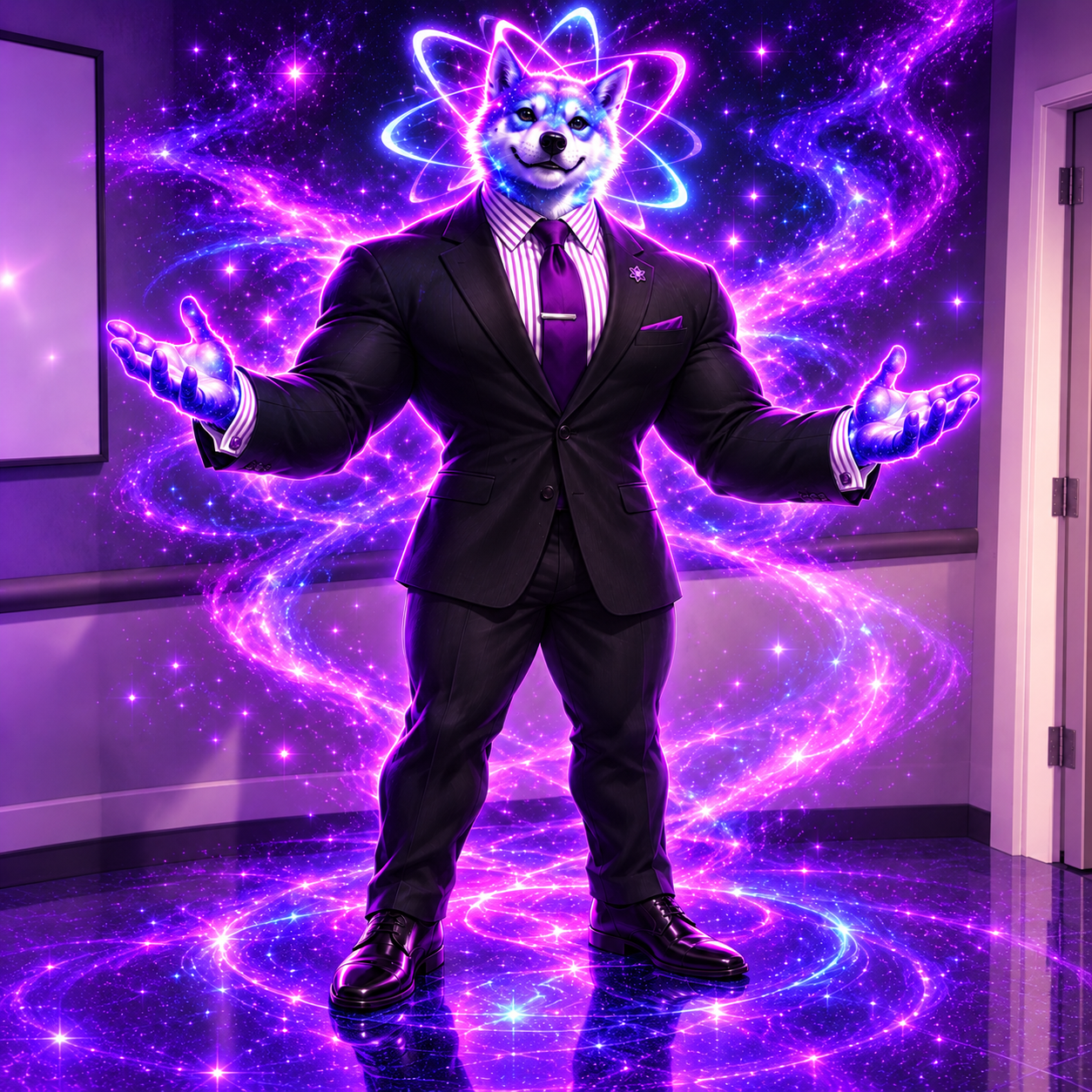 A cosmic Shiba Inu in a suit, surrounded by a vivid purple galaxy